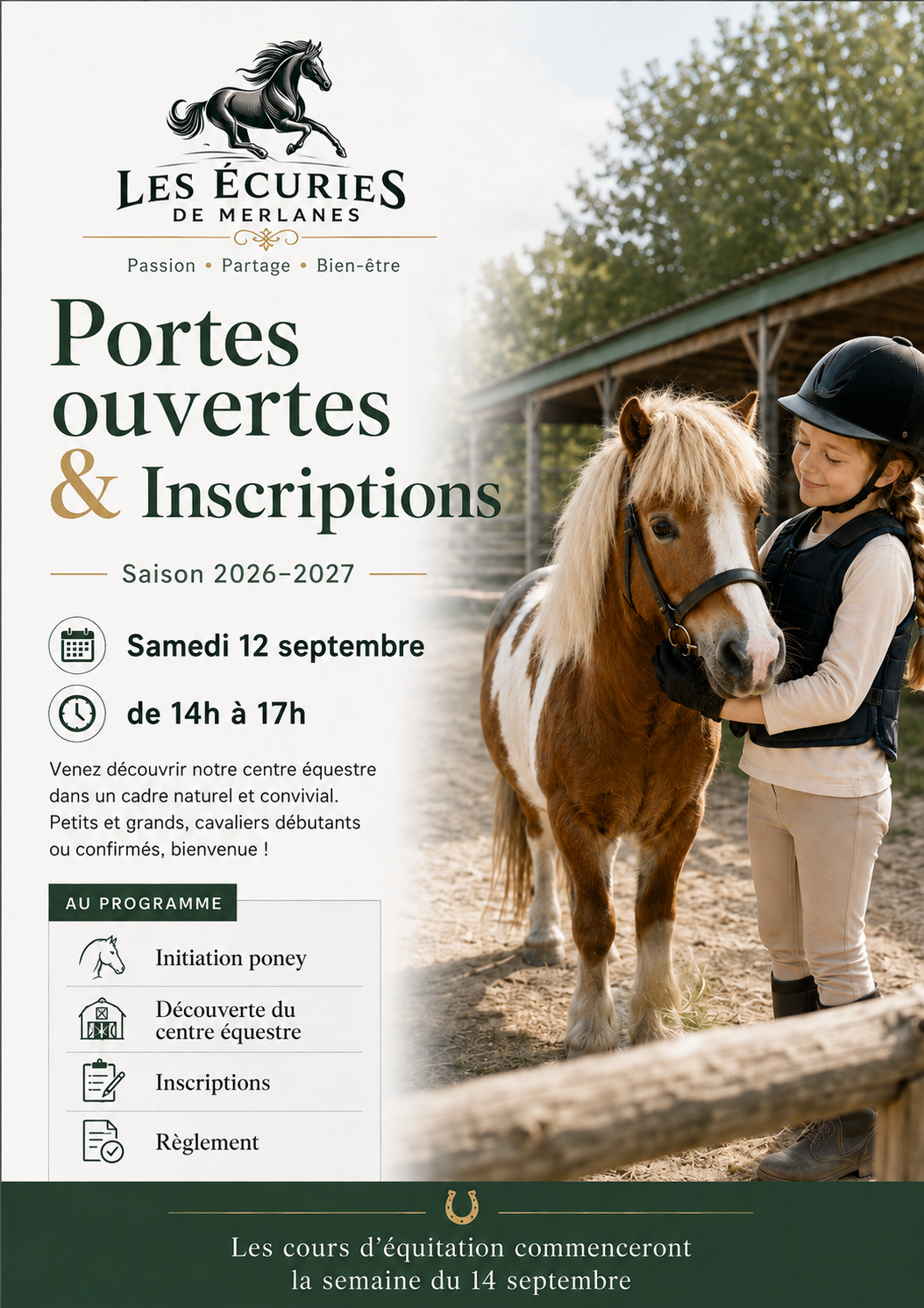 Affiche des portes ouvertes et inscriptions 2026-2027 des Écuries de Merlanes